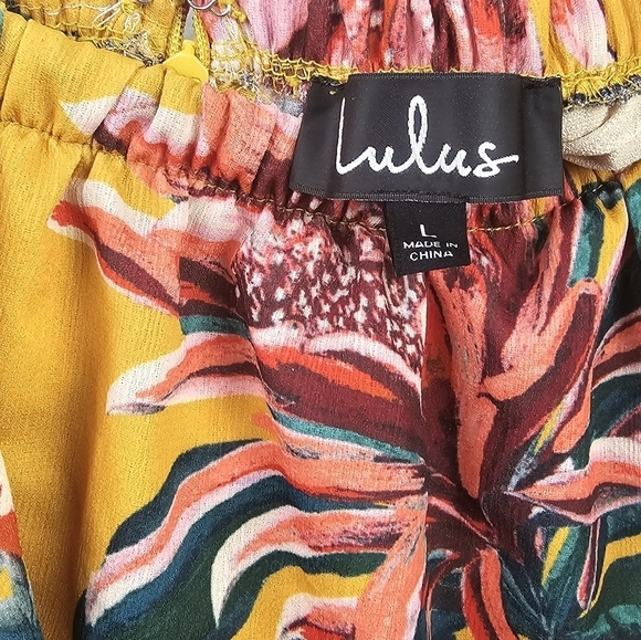 LULUS Honolulu Golden Yellow Floral Print Off-the-Shoulder Jumpsuit Womens Sz L - Picture 12 of 14